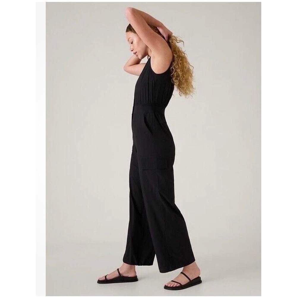 Athleta Brooklyn Cargo Jumpsuit Black Sleeveless Wide Leg Pockets 14 Tall